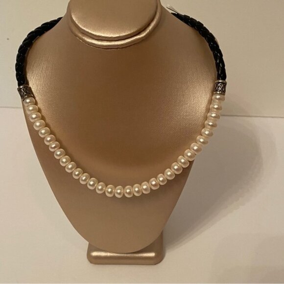 NECKLACE FRESHWATER PEARLS BLACK BRAIDED LEATHER 925 STERLING SILVER 17” - Picture 2 of 9
